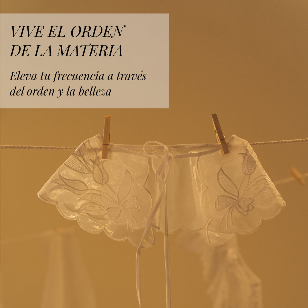 Portada del recorrido guiado Vive el orden de la materia, con una delicada prenda bordada tendida bajo una luz dorada. Una experiencia para elevar la vibración a través del orden y la belleza.