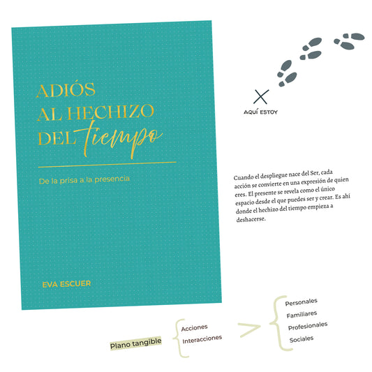 Portada y páginas interiores de Adiós al hechizo del tiempo sobre presencia, acción consciente y relación con el tiempo.