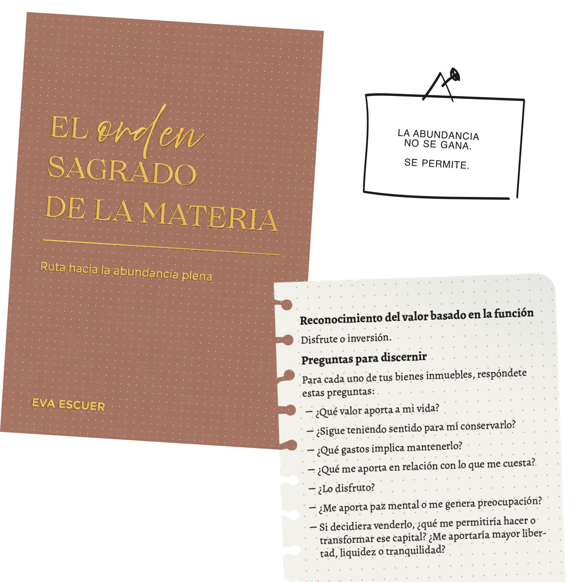 Portada y páginas interiores de El orden sagrado de la materia con una práctica de discernimiento sobre el valor de las pertenencias.