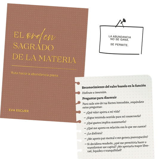 Portada y páginas interiores de El orden sagrado de la materia con una práctica de discernimiento sobre el valor de las pertenencias.