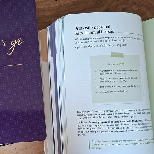 Interior de la obra Por fin, mi trabajo y yo en orden con ejemplos de propósitos personales en relación al trabajo.
