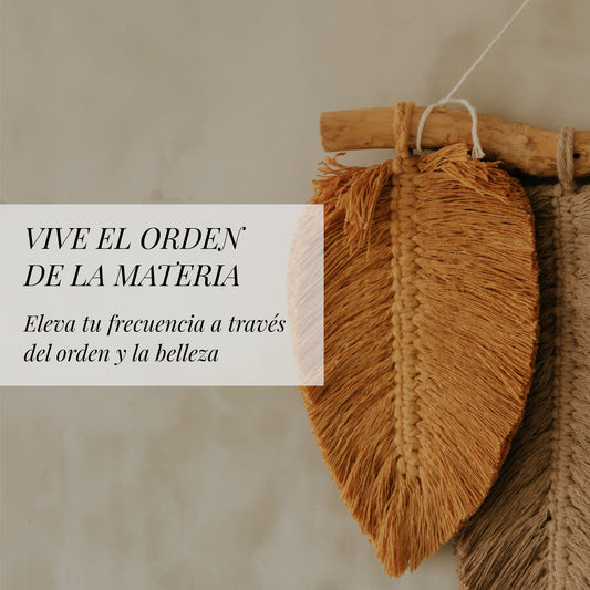 Portada del recorrido guiado "Vive el orden de la materia", con fibras naturales suspendidas que representan la vibración sutil del orden y la belleza.